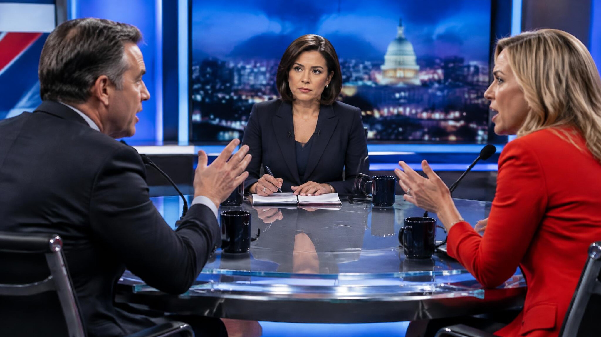 Two guests in a heated debate during a live television interview