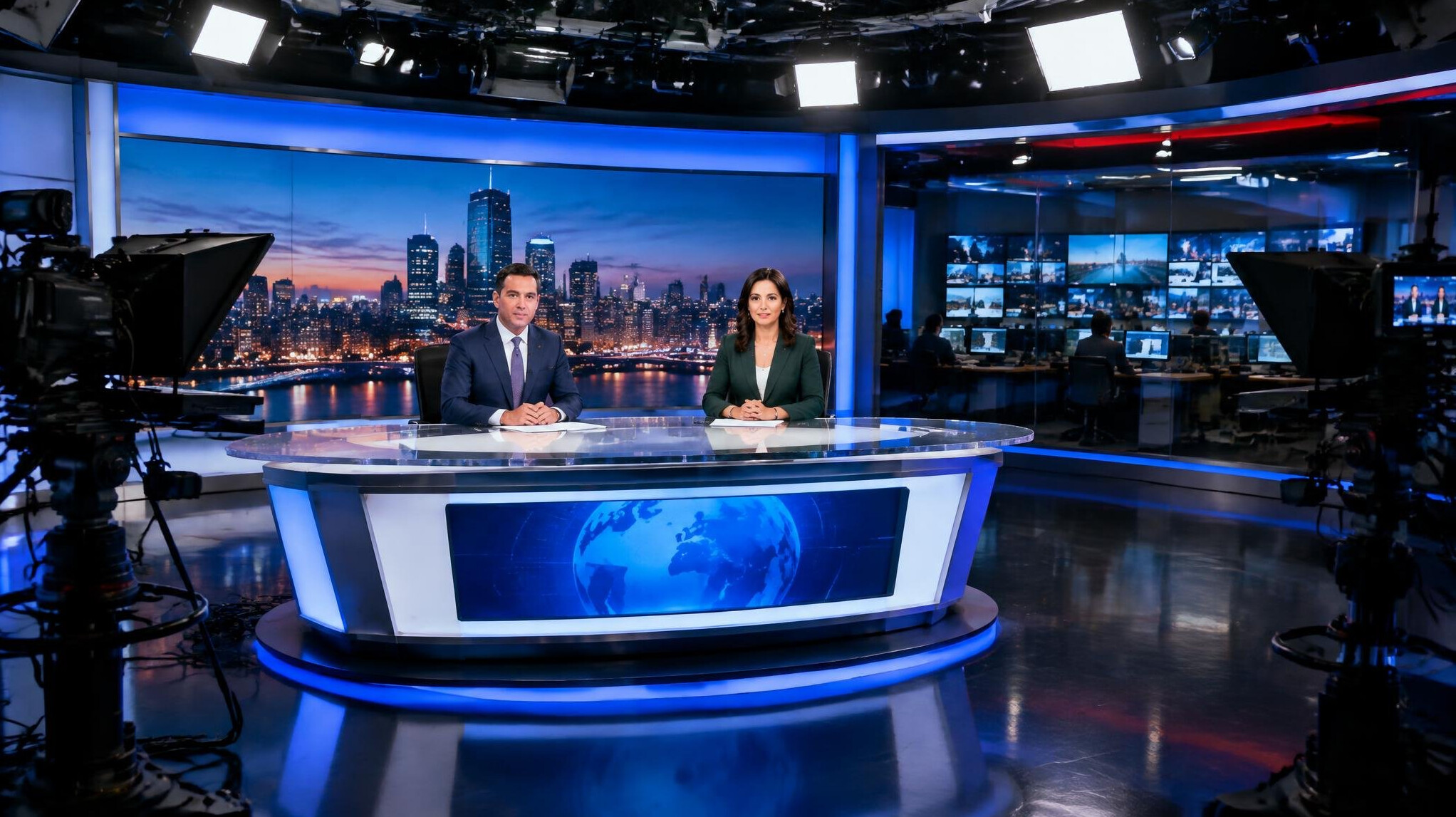 Tense moment in a television studio during a live news broadcast