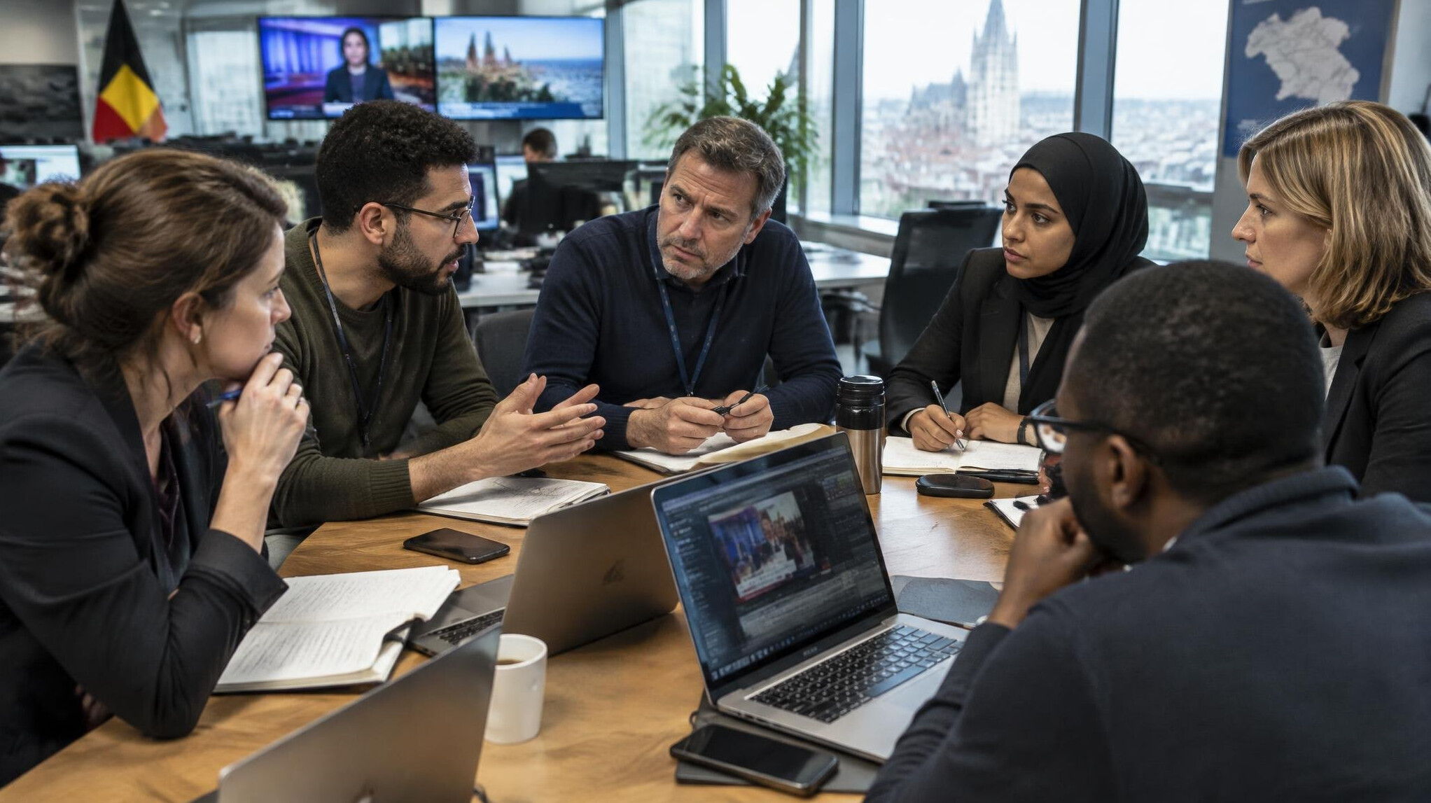 Journalists having a tense discussion in a newsroom meeting