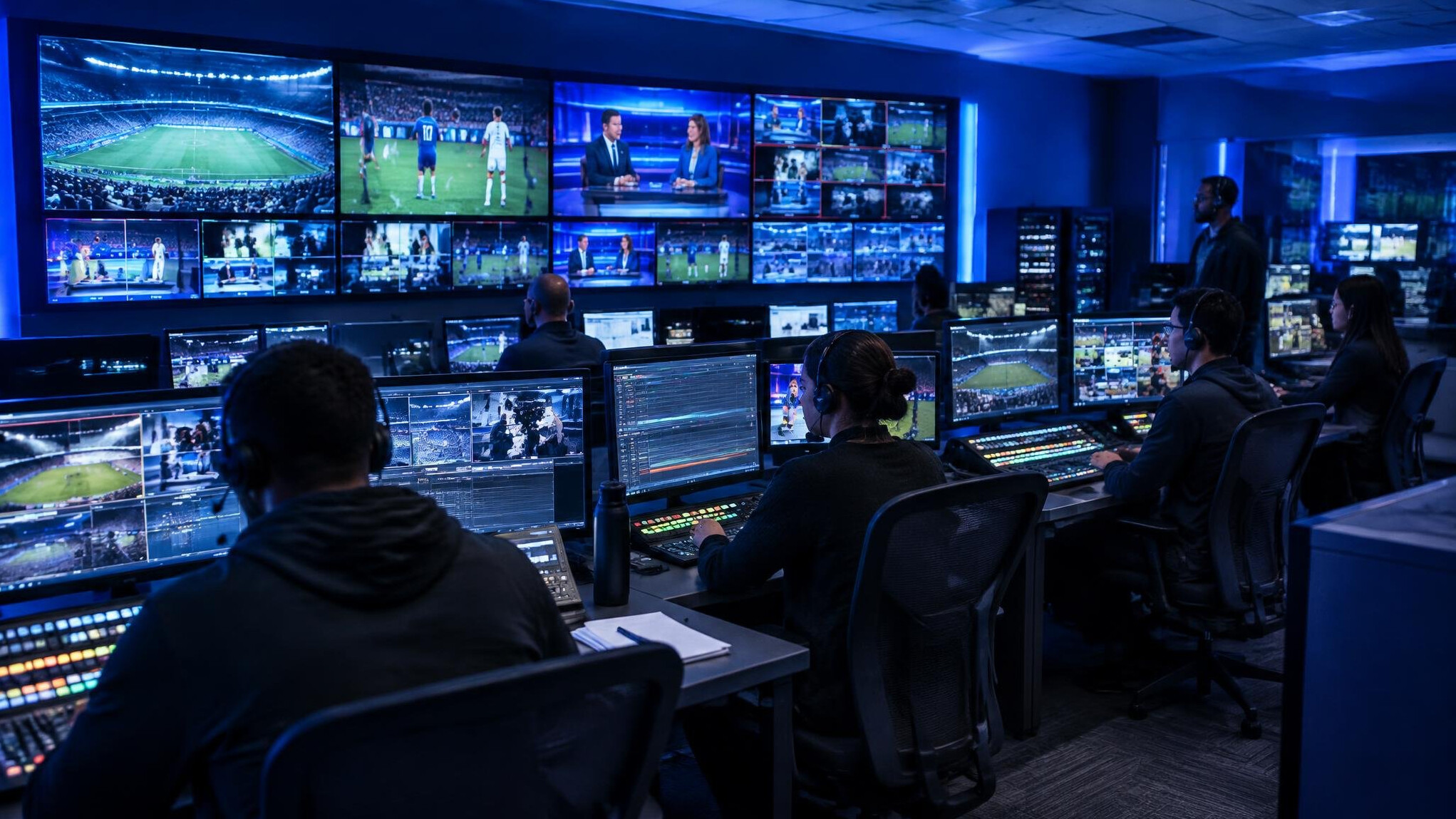 Broadcast control room with multiple monitors and technicians
